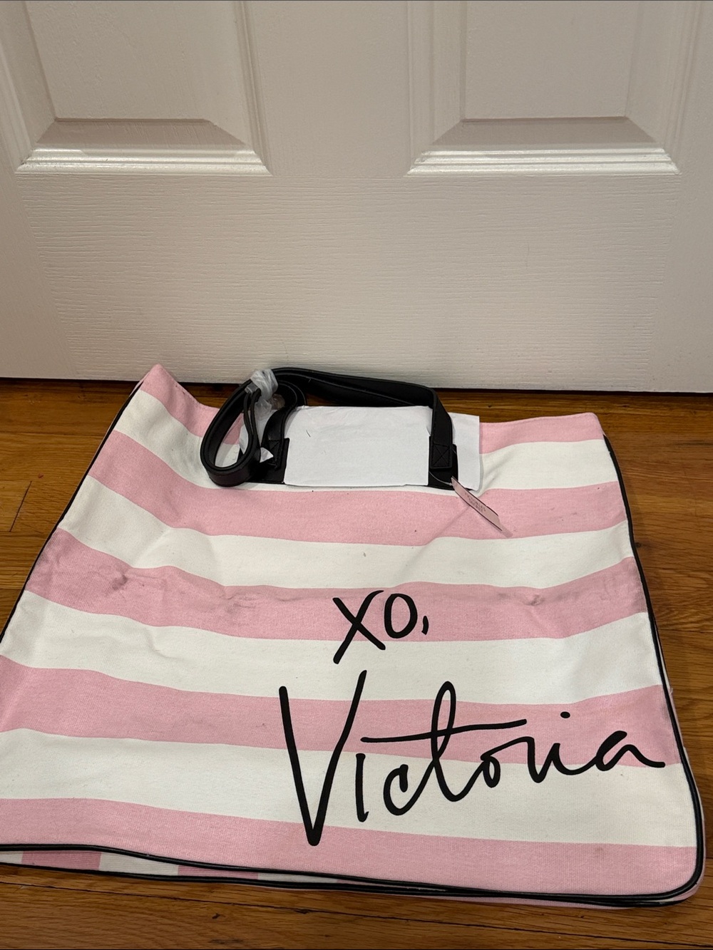 Victoria's Secret Pink and White Striped Tote with Black Logo